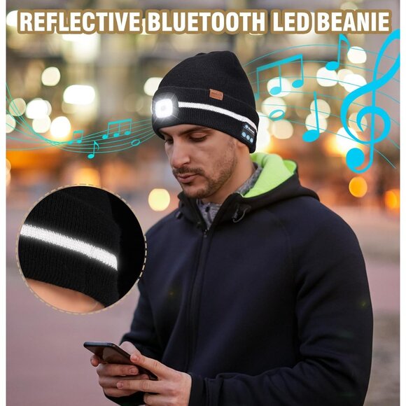 Reflective Stripe Bluetooth Beanie with a Light High Visibility Winter Hat with - Picture 2 of 6